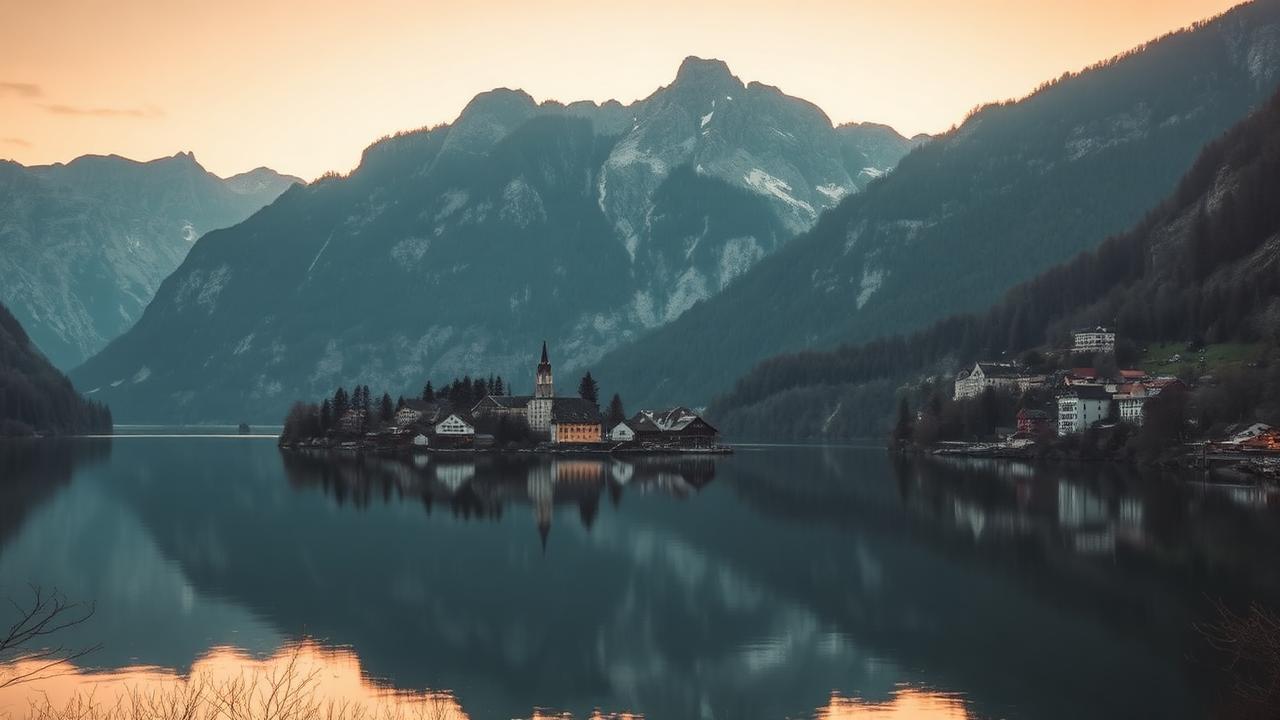 Austrian Alps and lake at sunrise